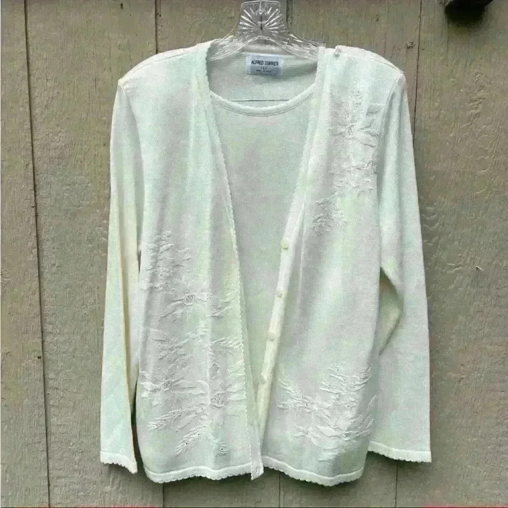 Alfred Dunner Womens Long Sleeve Floral Cardigan Ivory Size Large ZP-9643